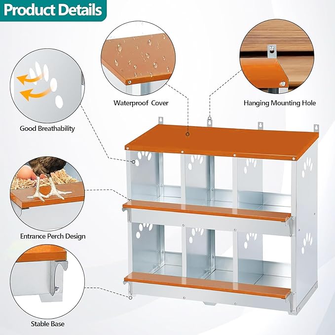 6 Compartment Chicken Nesting Box, Metal Nesting Boxes for Chicken, Indoor & Outdoor Use, Wall Mountable Laying Boxes for Hens, 31.9" L x 13" W x 25" H, Orange