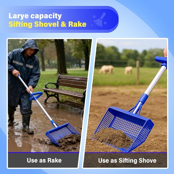 Chicken Poop Scooper & Rake 2-in-1, 304 Stainless Steel Shovel Head - 2X Waste Removal, Easy Clean Anti-Rust Litter Sifting Scoop, Cattle Pen & Beach Sand | Back-Knee Friendly Chicken Coop Accessories