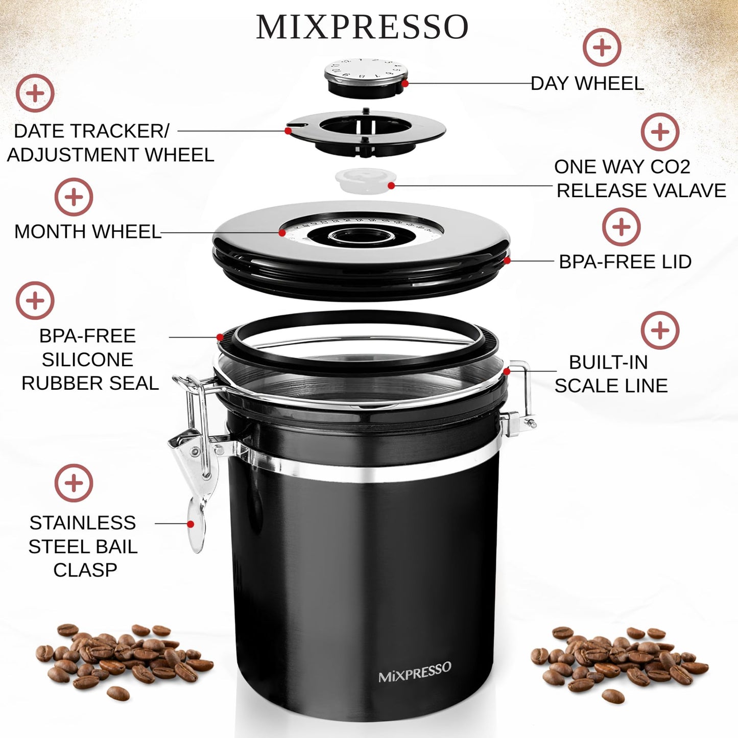 Mixpresso 16 Oz Black Coffee Canister, Stainless Steel Airtight Coffee Container, Air tight Jar Tea Storage with Date Tracker, Vacuum Sealed Espresso Airtight Canister, Sugar Container for Home