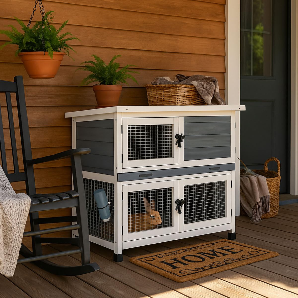 2 Story Solid Wood Rabbit/Bunny Hutch with 2 Large Main Rooms, Indoor Outdoor Rabbit House Guinea Pig Cage Pet House for Small Animals with Ventilation Door Removable Tray Waterproof Roof (Grey)