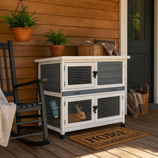 2 Story Solid Wood Rabbit/Bunny Hutch with 2 Large Main Rooms, Indoor Outdoor Rabbit House Guinea Pig Cage Pet House for Small Animals with Ventilation Door Removable Tray Waterproof Roof (Grey)