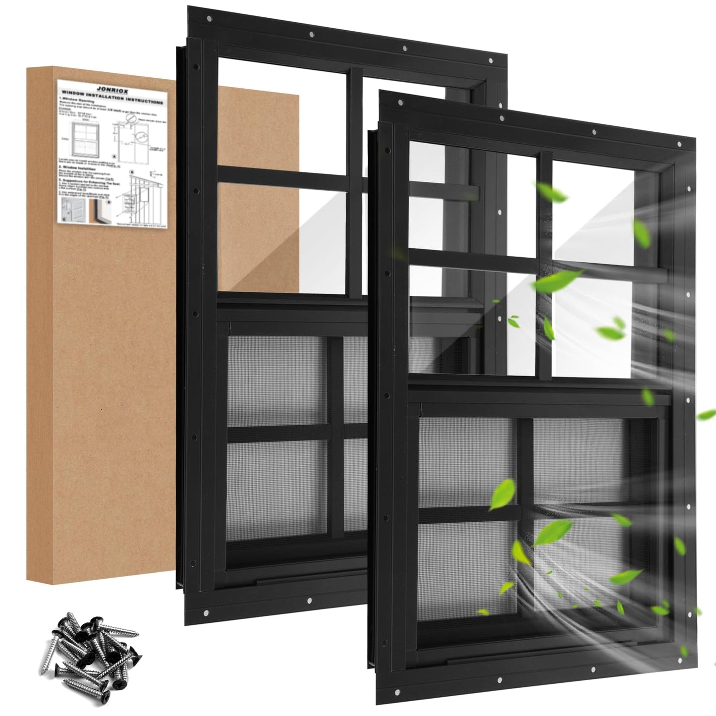 JONRIOX 18" W x 27" H Shed Window,Sliding Window, Aluminum Gray Flush Mount with Tempered Glass and Stainless Steel Screen, Playhouse Window, Chicken Coop Window, Household Window.(Gray 2 Pack)