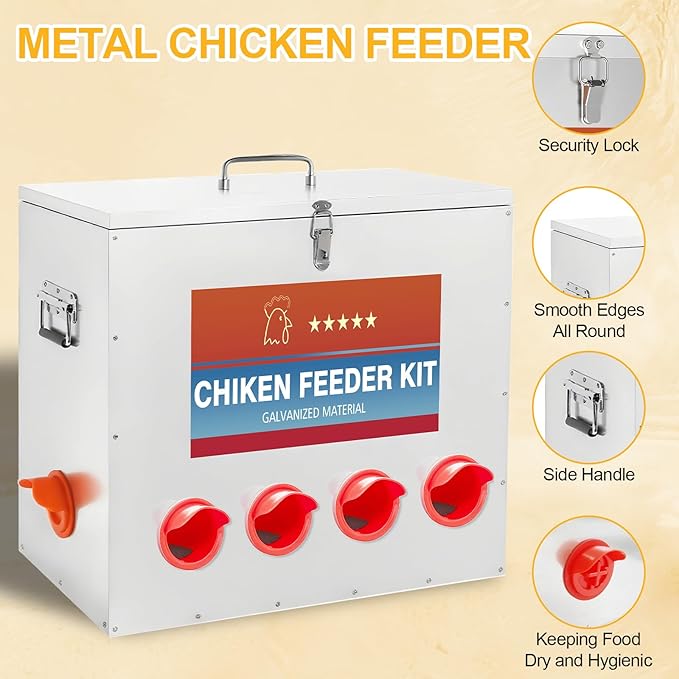 85-120LBS Metal Chicken Feeder No Waste 10 Ports Automatic Large Poultry Feeder with Latch & Handle for Chickens, Geese, Ducks, Turkeys, Quails, Weatherproof