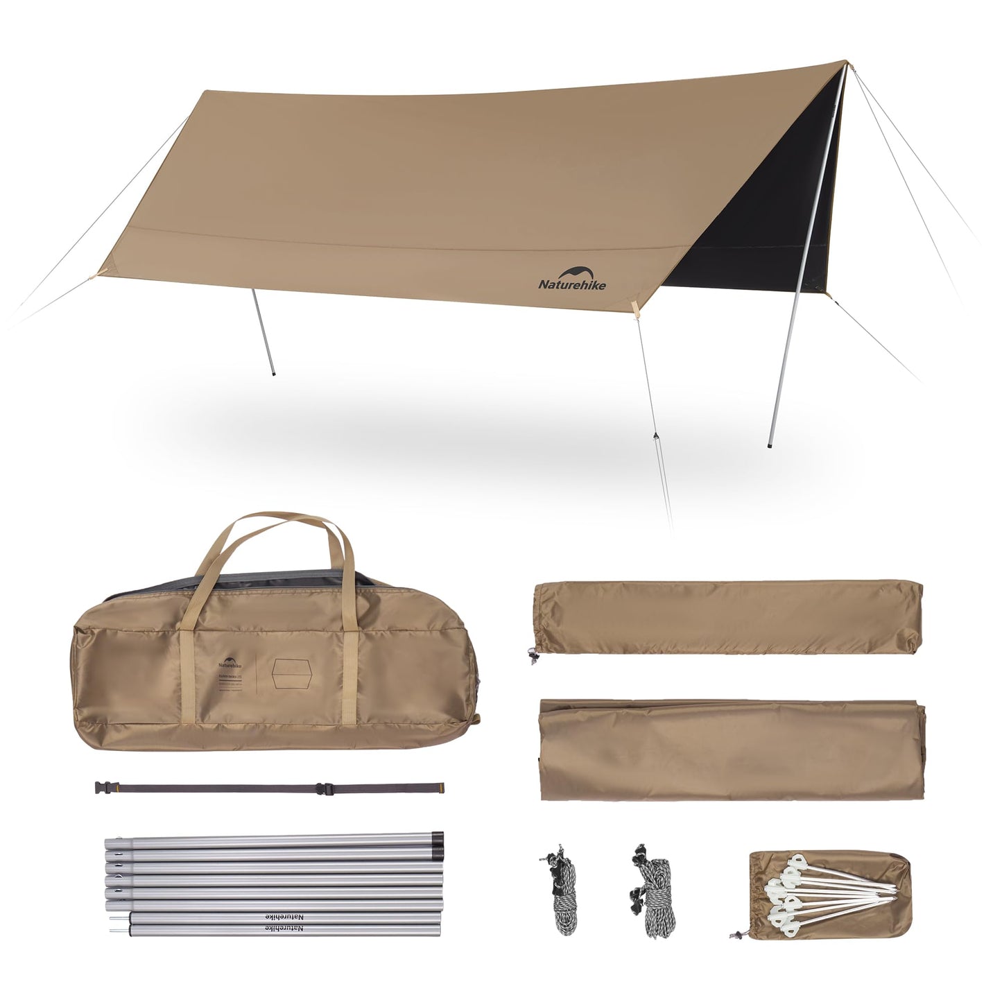 Naturehike Cloud Skies Camping Tent Tarp with Poles, Waterproof PU 18000mm+ Rain Shelter, Anti-UV UPF2000+ Camping Sun Shelter Canopy