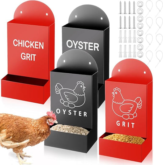 Leinuosen 4 Pack Metal Chicken Oyster Shell and Grit Feeder Combo Large Capacity Hanging Chicken Feeder Trough Automatic Gravity Poultry Coop Accessories Water Dispenser for Chicks, Ducks, Quail