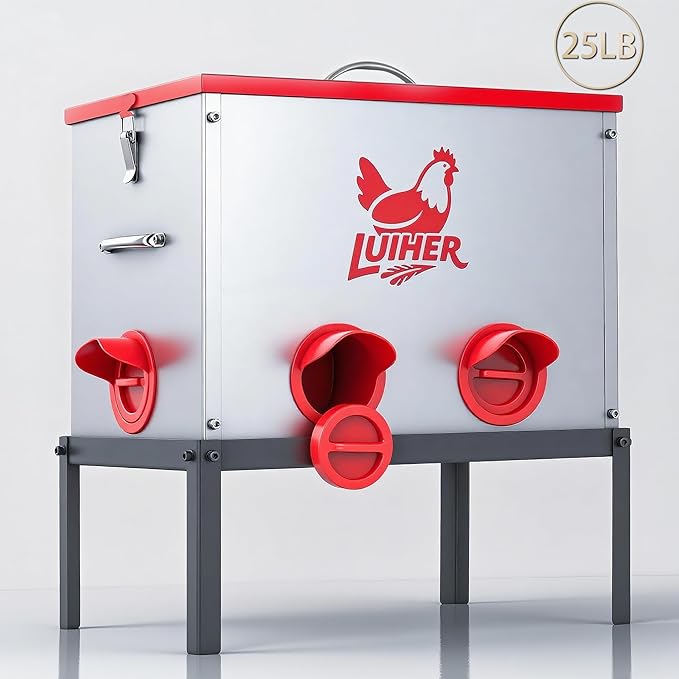 LUIHER Poultry Feeder-25LB no Waste chincken Feeder 6 Ports Large Capacity Galvanized Metal Poultry Feeder with Legs and Lids - Reduces Refilling Frequency Chicken Feeding Equipment for Hen Coop