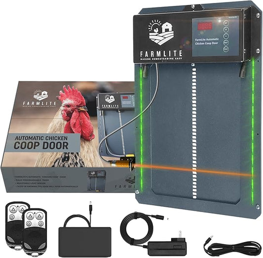 FarmLite Automatic Chicken Coop Door Opener | Non-Battery Powered Automatic Chicken Door | Automatic Coop Door with Timer, Light Sensor and Remote Controls | USA Brand