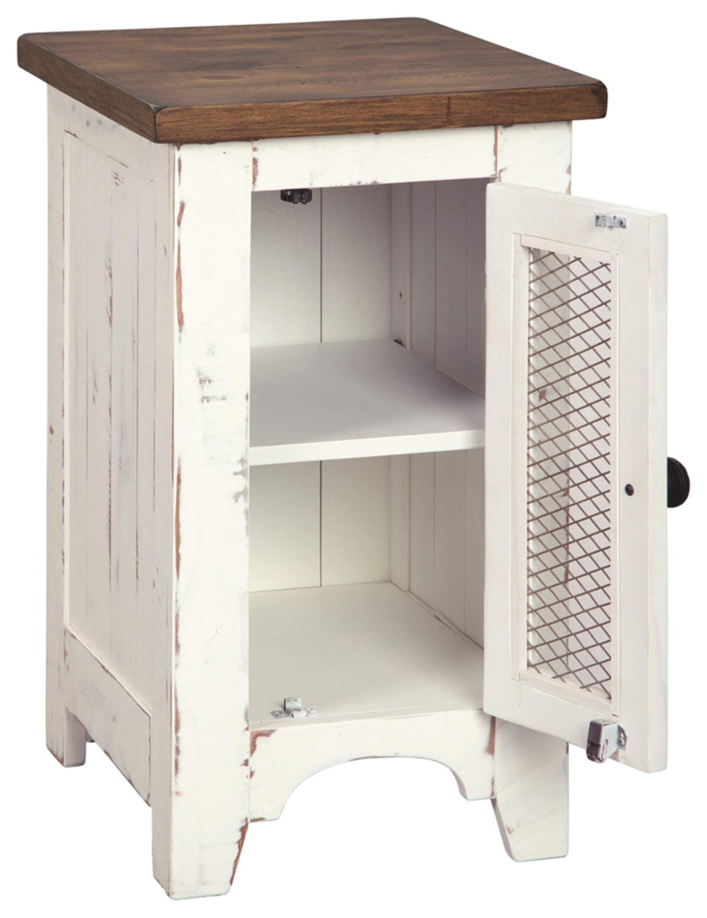Signature Design by Ashley Wystfield Farmhouse Square Storage Coffee Table with Hinged Lift Top, Distressed White and Chair Side End Table with Cabinet Door for Storage, White & Brown