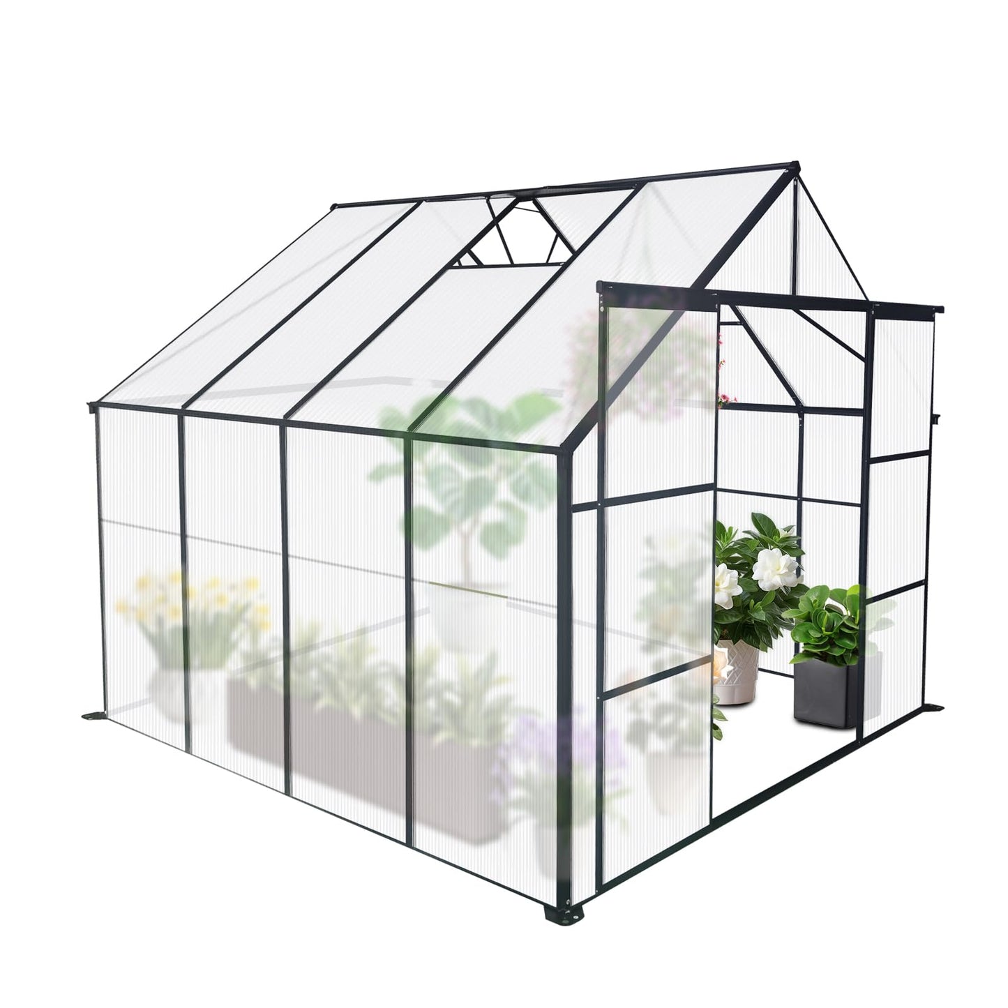 Ball & Cast 8X8 FT Greenhouse for Outdoors,Double Sliding Door Polycarbonate Raised Plant Base with Drainage System & Galvanized Frame,Backyard Anchor Aluminum Heavy Duty Walk-in Green Houses,Black