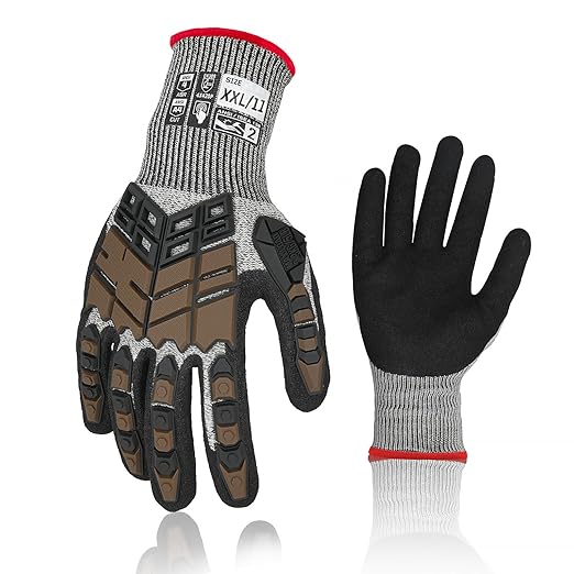 Safety Work Gloves, Impact Gloves for Men Women, Cut Resistant Non-Slip Heavy Duty Gloves with Nitrile Grip, Touch Screen Glove with Impact Protection for Mechanic Construction, XX-Large,Brown