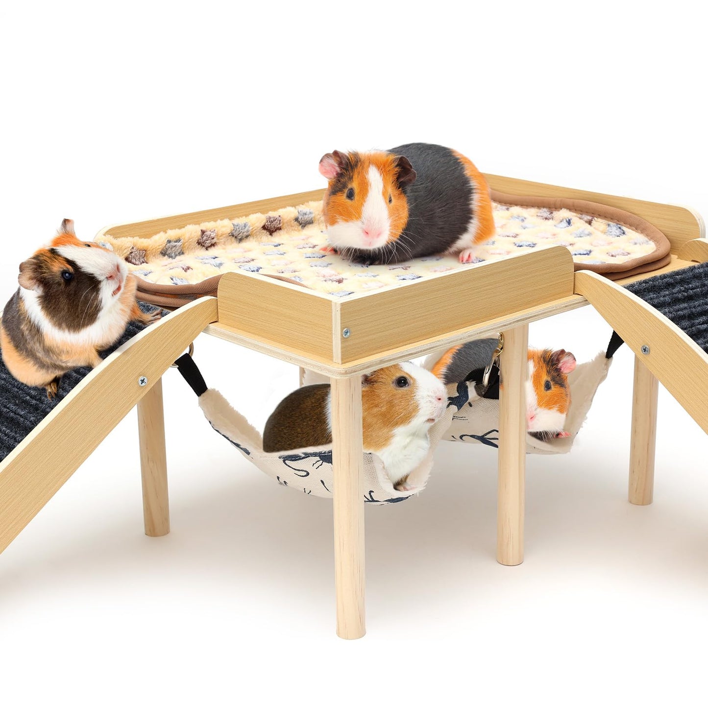 GHWMYD Guinea Pig Hideout Castle, Wooden Chinchilla House with 2 Stairs and Hammock, Small Animals Habitats Hut Accessories for Hamsters Bunny Rabbit Hedgehog Playing Hiding, Easy Assembly