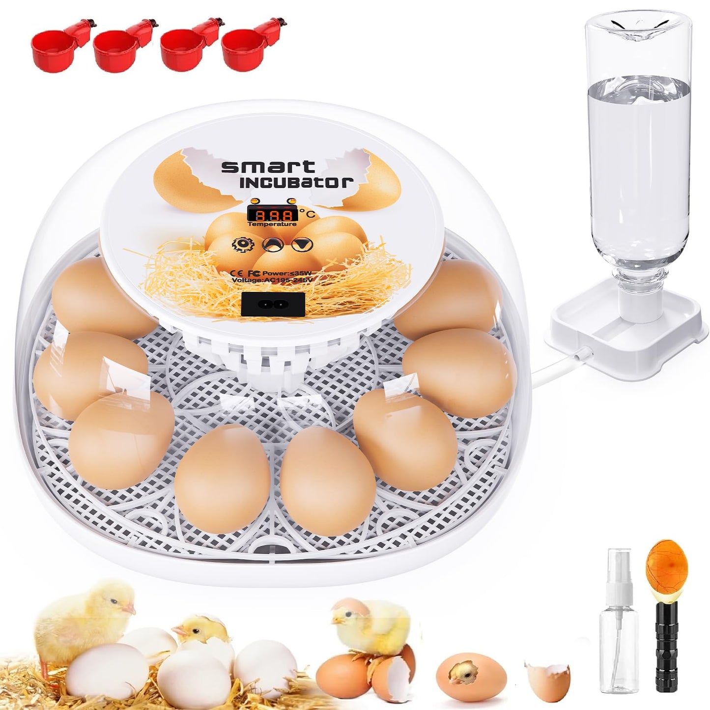 Incubators for Hatching Eggs, 12 Egg Incubator with Automatic Turning and Temperature Control, Automatic Water Adding, LED Egg Candler, for Hatching Chickens, Duck, Quail, Goose Eggs