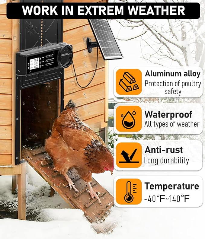 Large Size Automatic Chicken Coop Door Solar Powered - Timer/Manual Mode, Solar Chicken Coop Door Anti-Pinch, Aluminum Alloy Chicken Door | Higher Battery Capacity | 20M Remote Control