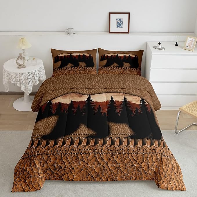 Bear Queen Comforter Set Brown Patchwork Cowhide Quilt Bedding Sets Hunting Woodland Animal Bedding Comforters For Boys Men,Wildlife Antler Duvet Insert 2 Pillow Cases Rustic Farmhouse Room Decor