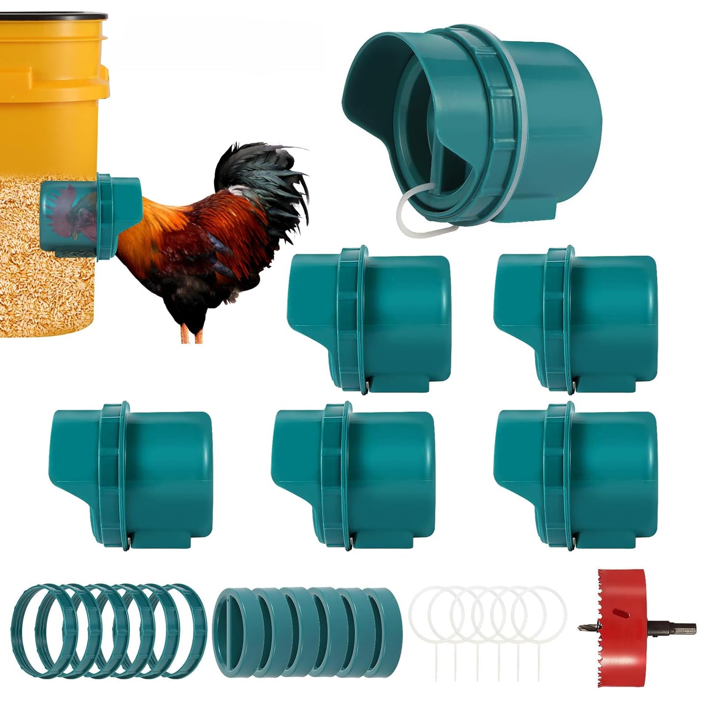 No Waste Chicken Feeder Port Large, DIY Automatic Poultry Feeder Kit for Chicken, Quail, Duck, Goose, Turkey (Pack of 6)