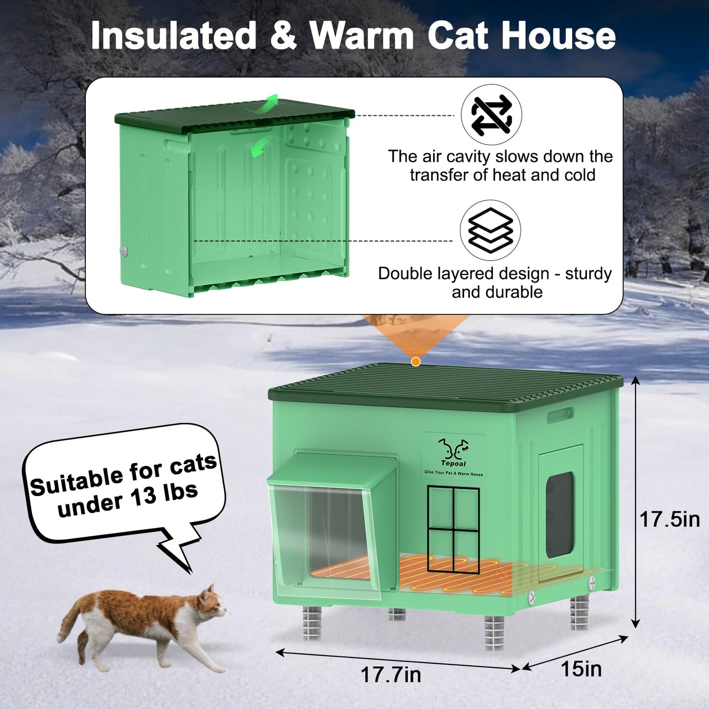 Indestructible Heated Cat House for Outdoor Cats in Winter, 100% Waterproof & Weatherproof Heated Cat House for Outside, Fully Insulated Feral Cat Shelter for Outdoor Barn Strays, 17.7 x 15 x 17.5 in