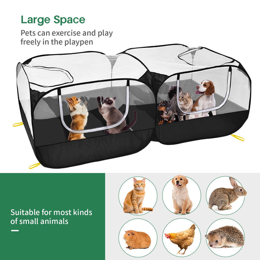 Jhua Pet Playpen for Small Animals, Portable Chicken Run with Detachable Bottom and Cover, Foldable Chicken Coop Indoor Outdoor Pet Pen with Transparent Mesh Walls for Chicken Duck Puppy Cat Rabbit