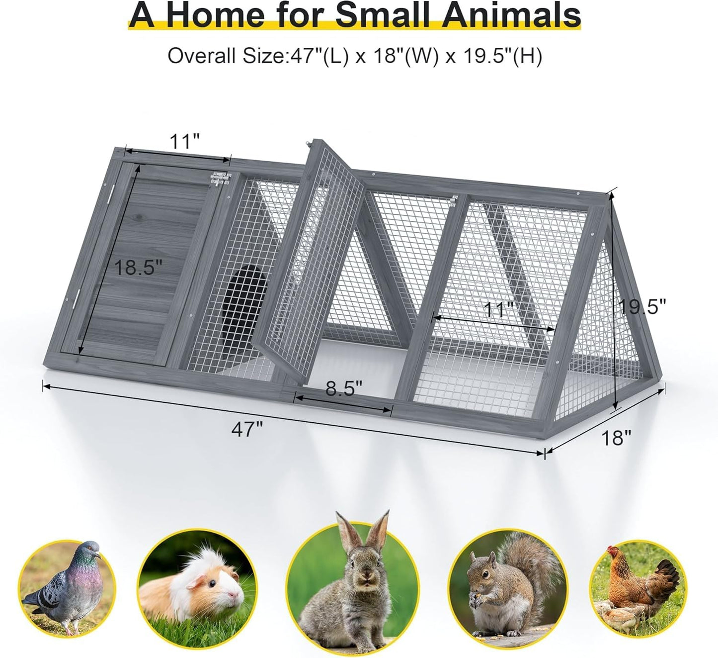 Kecreque Rabbit Hutch Outdoor Chicken Coop Wooden A-Frame Small Animal Cage Quail Cage w/Chicken Run & Ventilated Wire Fence Suitable for Garden Backyard Farms 47 x 18 x 19.5 in (Grey)