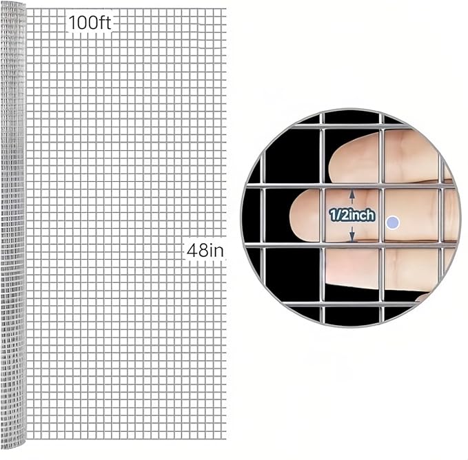 Hardware Cloth 48inx100ft 1/2 Inch Galvanized, Chicken Wire Fence Chicken Rabbit Snake cage Wire Fence Mesh Roll,Garden Plant Welded Metal Wire Fence,Poultry Animal Netting cage Screen.