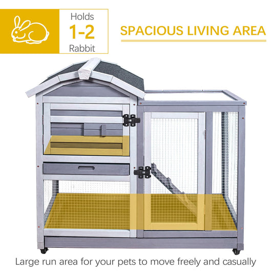 GEGURI Rabbit Hutch Indoor Outdoor, Bunny Cages Wooden Pet House for Guinea Pig with Wheels, Removable Tray, Ramp