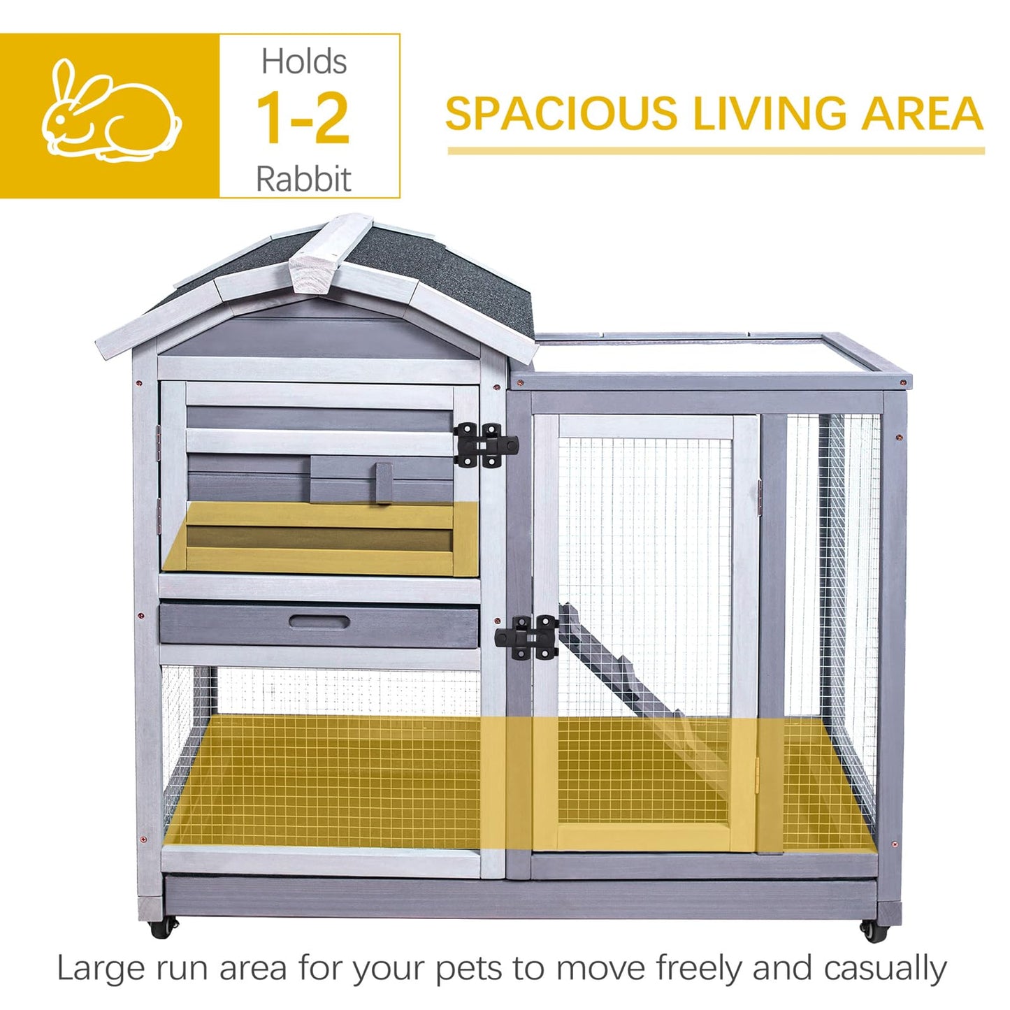 GEGURI Rabbit Hutch Indoor Rabbit Cage Outdoor, Wooden Bunny Cages for Guinea Pig with Wheels, Removable Tray, Ramp