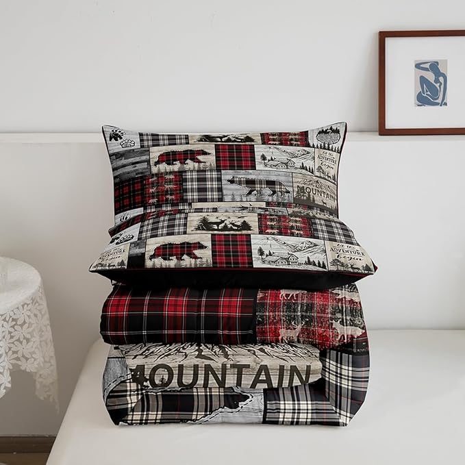 Rustic Cabin Comforter Set Full Woodland Wolf Deer Bear Comforter For Kids Adults,Red Black Buffalo Plaid Bedding Set Wildlife Camping Lodge Mountain Quilt Bedding Southwestern Farmhouse Decor