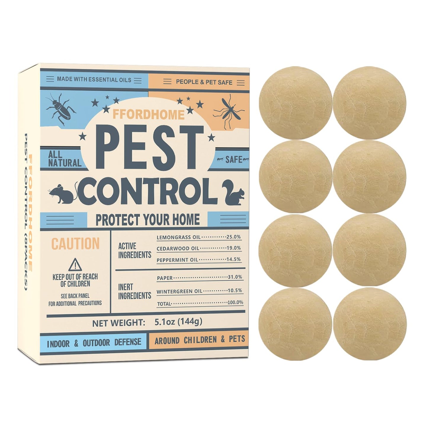 FfordHome Pest Repellent ， Moth Balls for Outdoor use， Keep Pest Away Repel Mice and Rats, Roach, Ant, Spider, Mosquito & Moth（8BALLS）