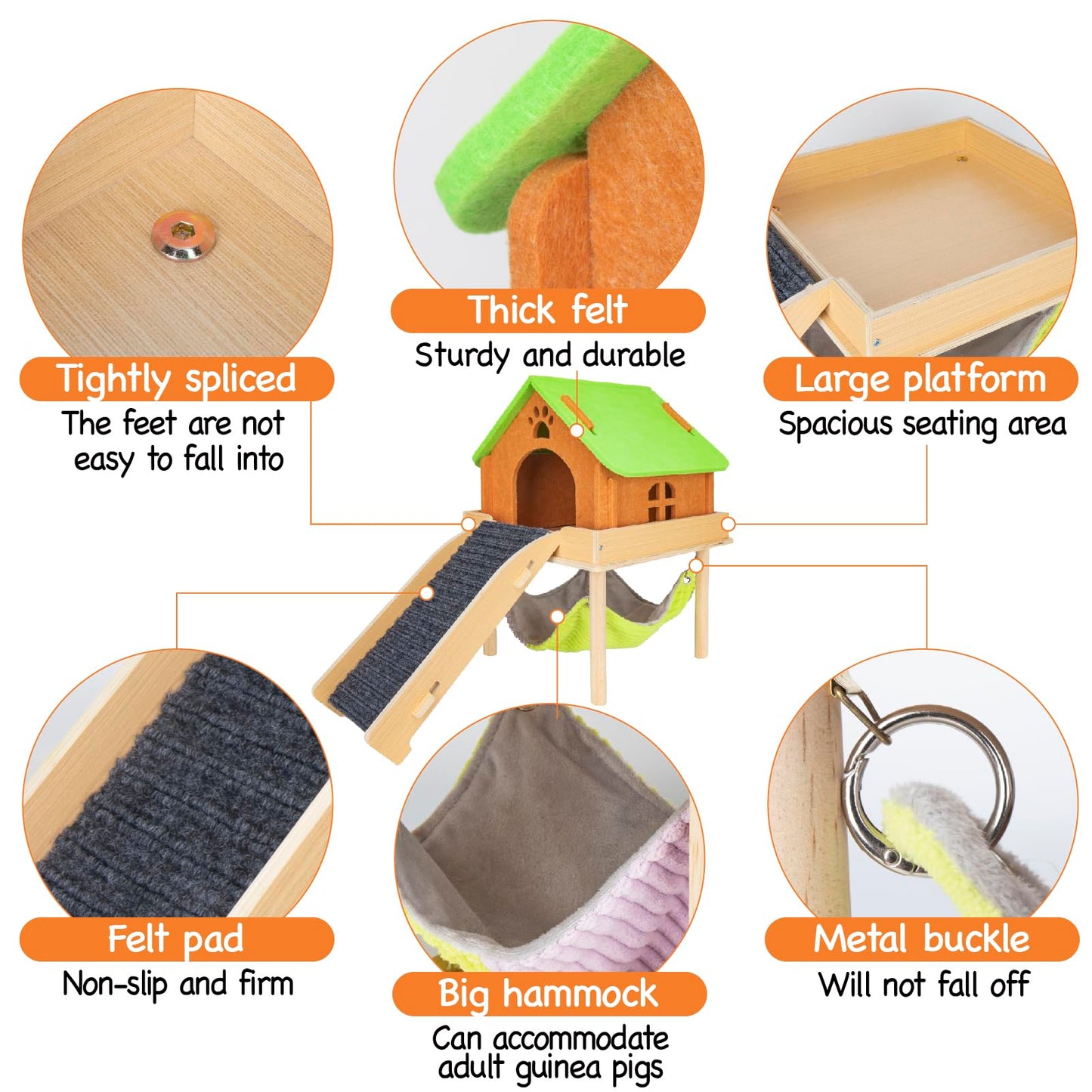 BESNEW 3 in 1 Enlarged Guinea Pig Hammock with House & Platform,Wooden Guinea Pig Hideout with Hammock & Stairs Small Animal Toys for Hiding Sleeping Activities
