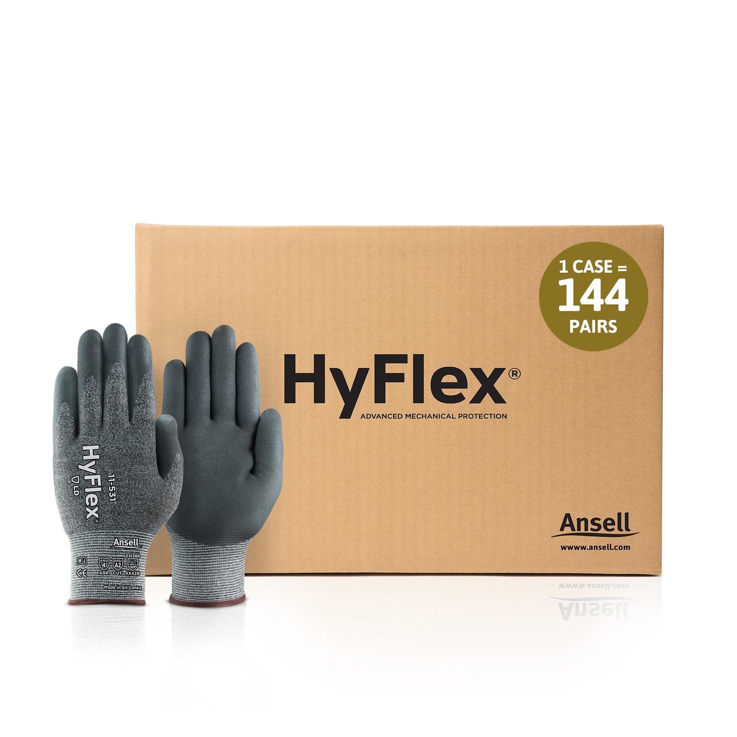 Ansell HYFLEX 11-531 Cut-Resistant Nylon Spandex Industrial Gloves w/Foam Nitrile Palm for Fabrication, Automotive - Large (9), Grey (144 Pairs)
