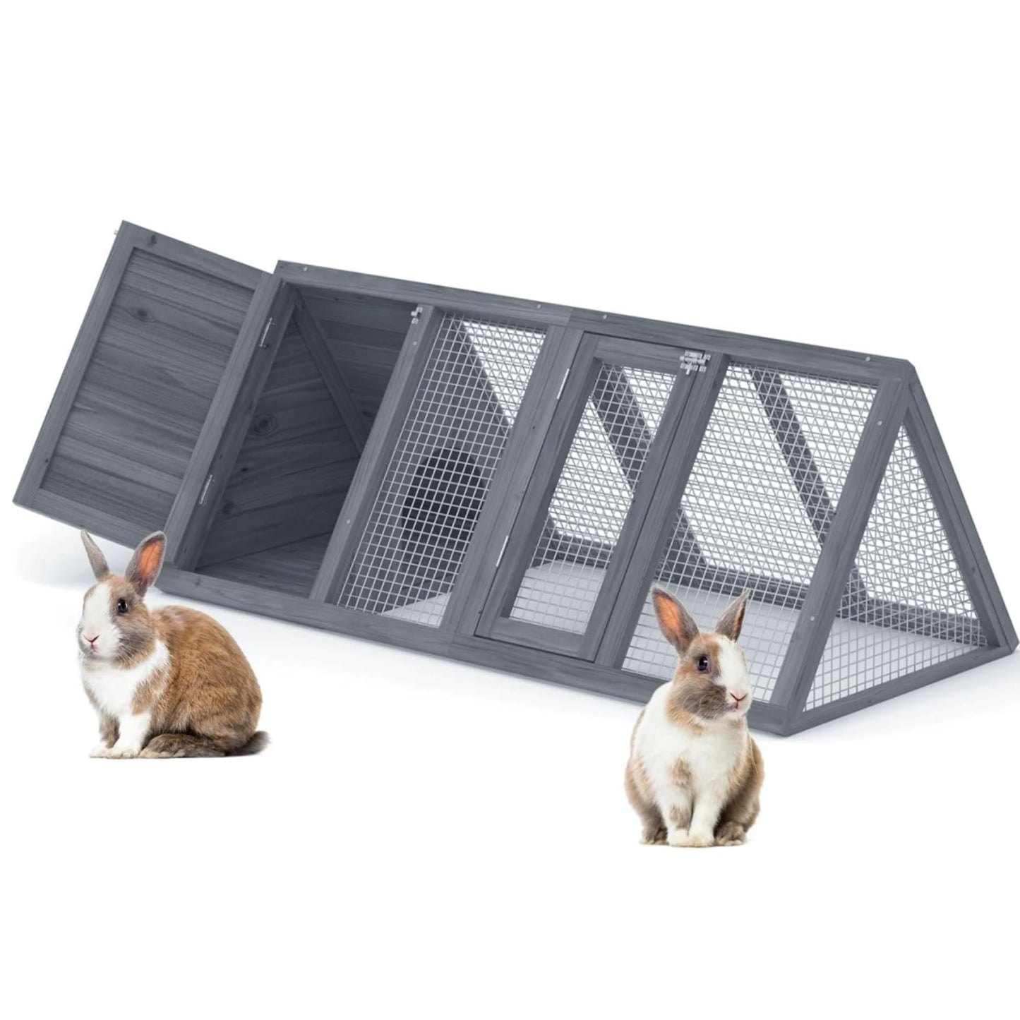 Kecreque Rabbit Hutch Outdoor Chicken Coop Wooden A-Frame Small Animal Cage Quail Cage w/Chicken Run & Ventilated Wire Fence Suitable for Garden Backyard Farms 47 x 18 x 19.5 in (Grey)