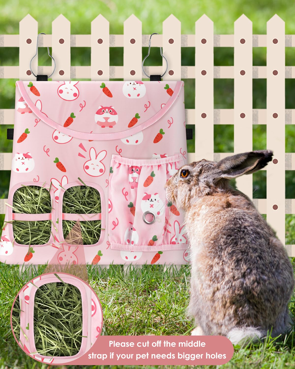 Bissap 2PCS Rabbit Hay Feeder Bag, 2 Holes Hanging Hay Feeder Guinea Pig Hay Bag for Rabbits Bunny Chinchillas Hamsters Rats and Other Small Pets Small Animal - Pink & Beige