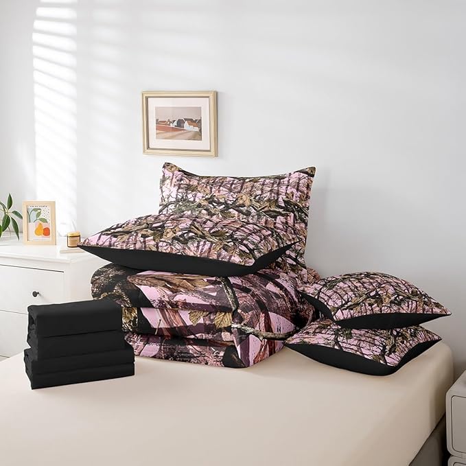 Feelyou Tree Branches 7 Pieces Bedding Set, for Kids Wild Hunting Bed Set King Size Botanical Tree Bed in a Bag with Comforter, Sheets, Pillowcases Bedroom Decor Nature Theme Light Pink Brown