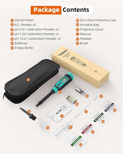 Tadeto Soil pH Tester, High Accuracy Digital pH Meter for Soil, Garden, Water, Plants, Solution and Food, Soil pH Test Kit with Thermometer LCD Display, Calibration Powder and Alloy Protective Cap