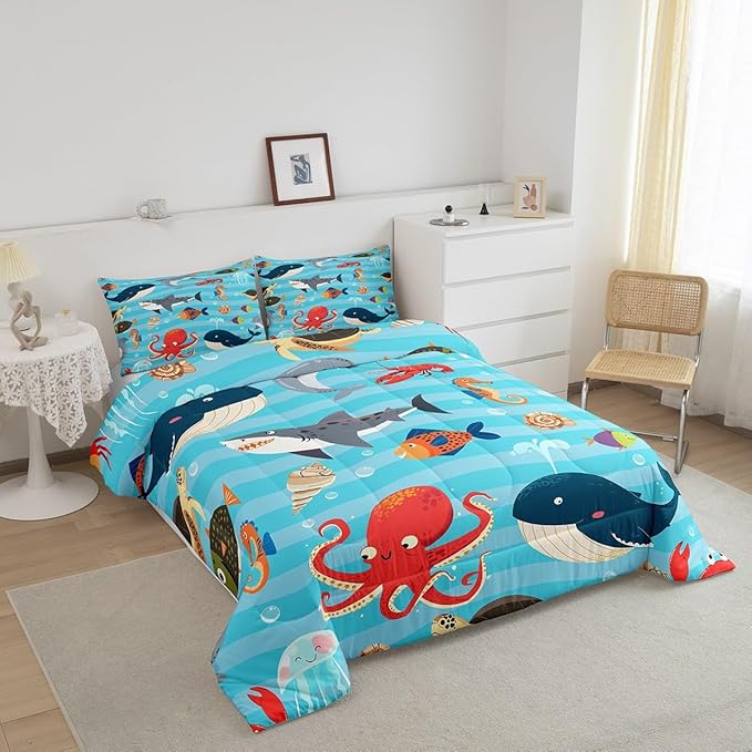 Kids Cartoon Ocean Comforter,Whale Shark Dolphin Comforter Set Full Size,Lovely Under Sea Animal Bedding Set All Seasons,Blue Sea Wave Bedroom Down Duvet,1 Comforter&2 Pillowcase