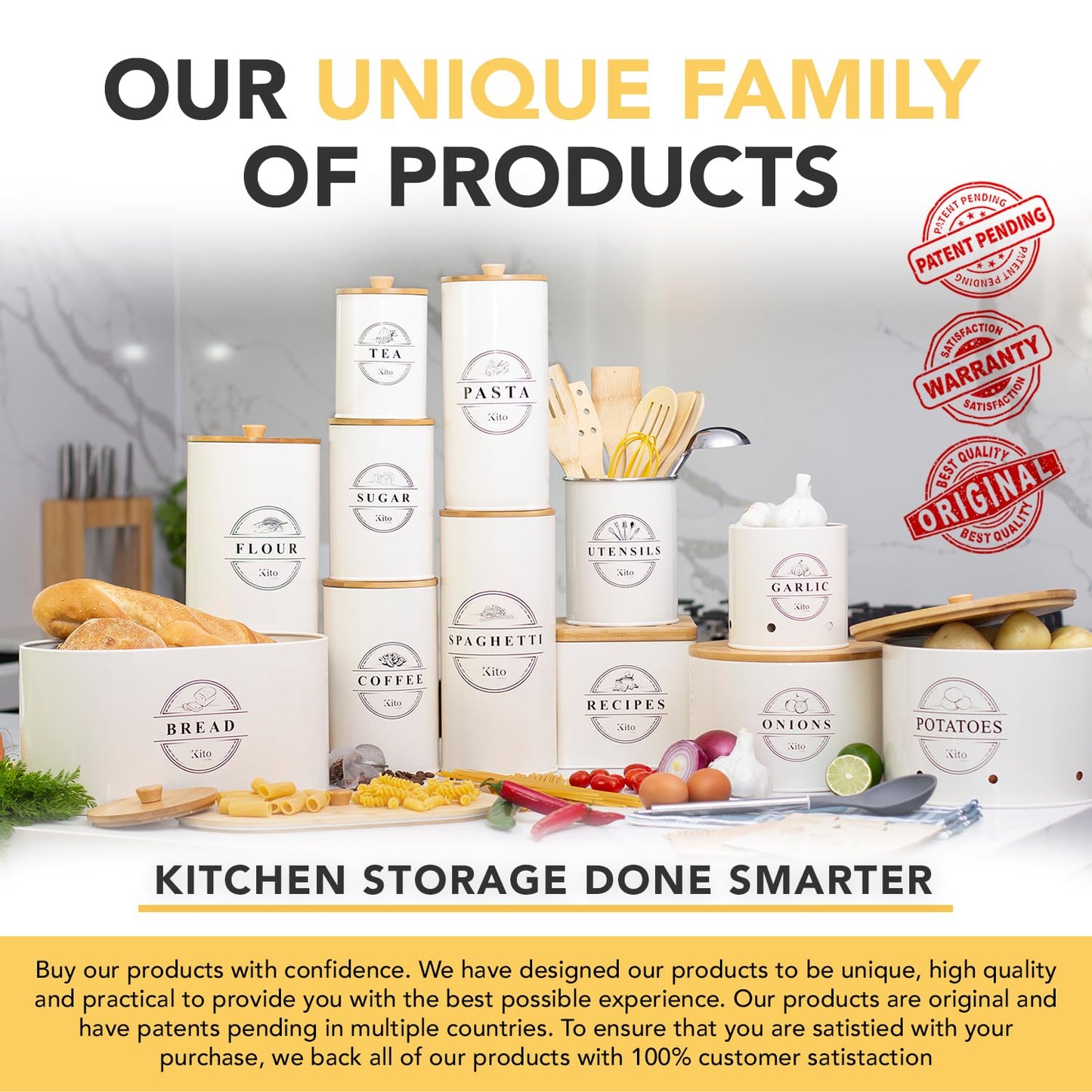 Kito LIVING Canister Sets for Kitchen Counter with Wooden Bamboo Lids, Kitchen Canisters for Countertop, Stackable Steel Farmhouse Canisters for Potato Storage, Onion and Potato Storage Bins - White