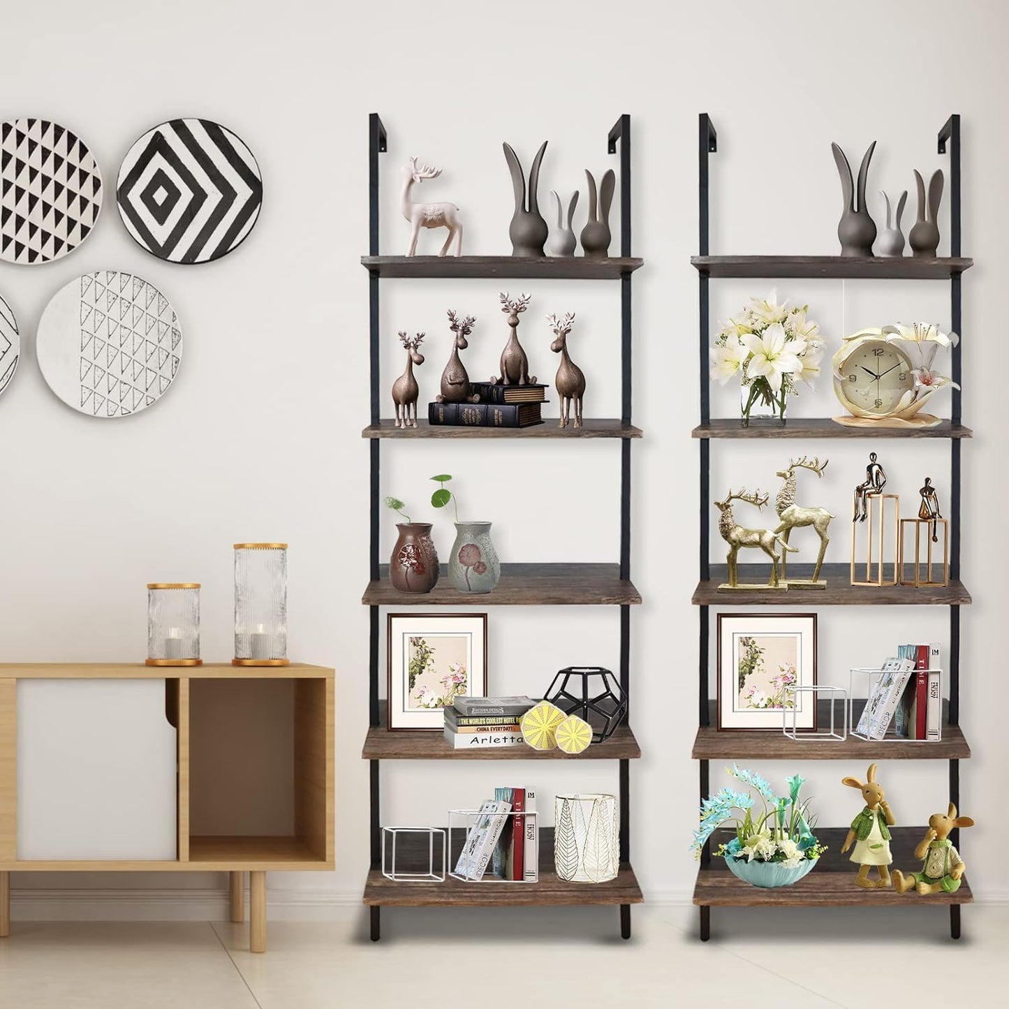 Wolawu 5 Tiers Ladder Shelf 2-Piece Black Modern Tall Bookshelf Open Large Tall Wall Mount Storage Bookcase Standing Leaning Wall Shelves Industrial Decorative (Brown)