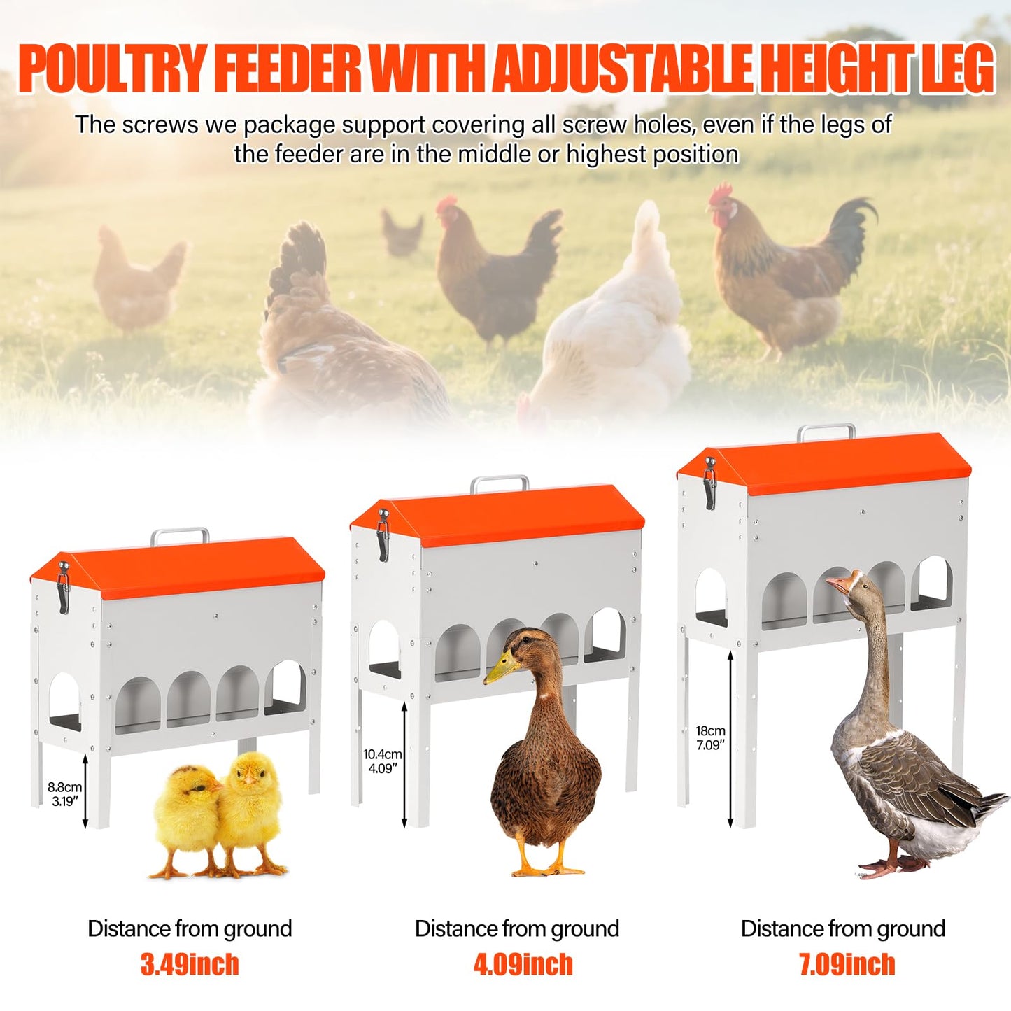 MUDUOBAN Chicken Feeder No Waste 15 Pound,10 Feeding Ports,with Metal Feeder Box Stands for Chicken Poultry Duck,No Food Buildup at The Bottom