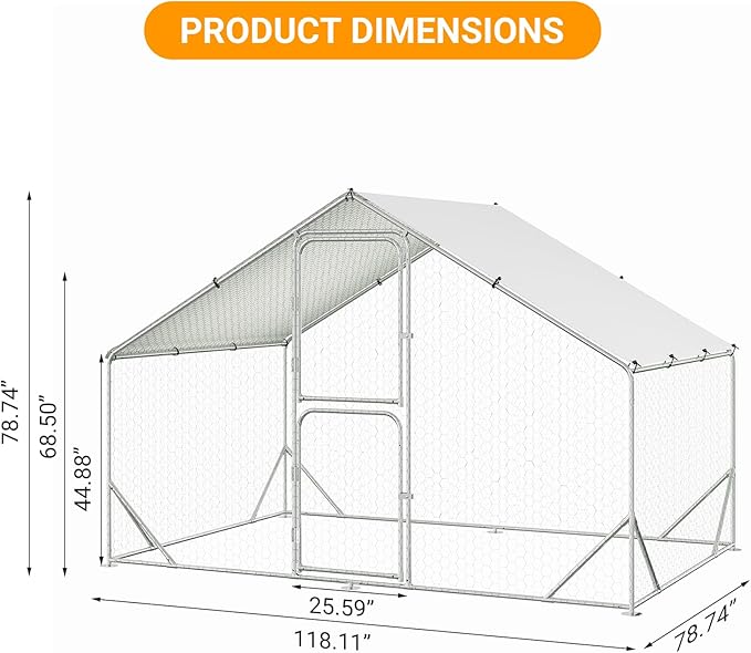 Chicken Runs for Yard with Cover, Large Metal Chicken Coop, 9.8x6.5x6.5FT Chicken Pen with Waterproof and Anti-UV Cover, Walk-in Poultry Cage for Yard Outdoor Duck Rabbit Cage