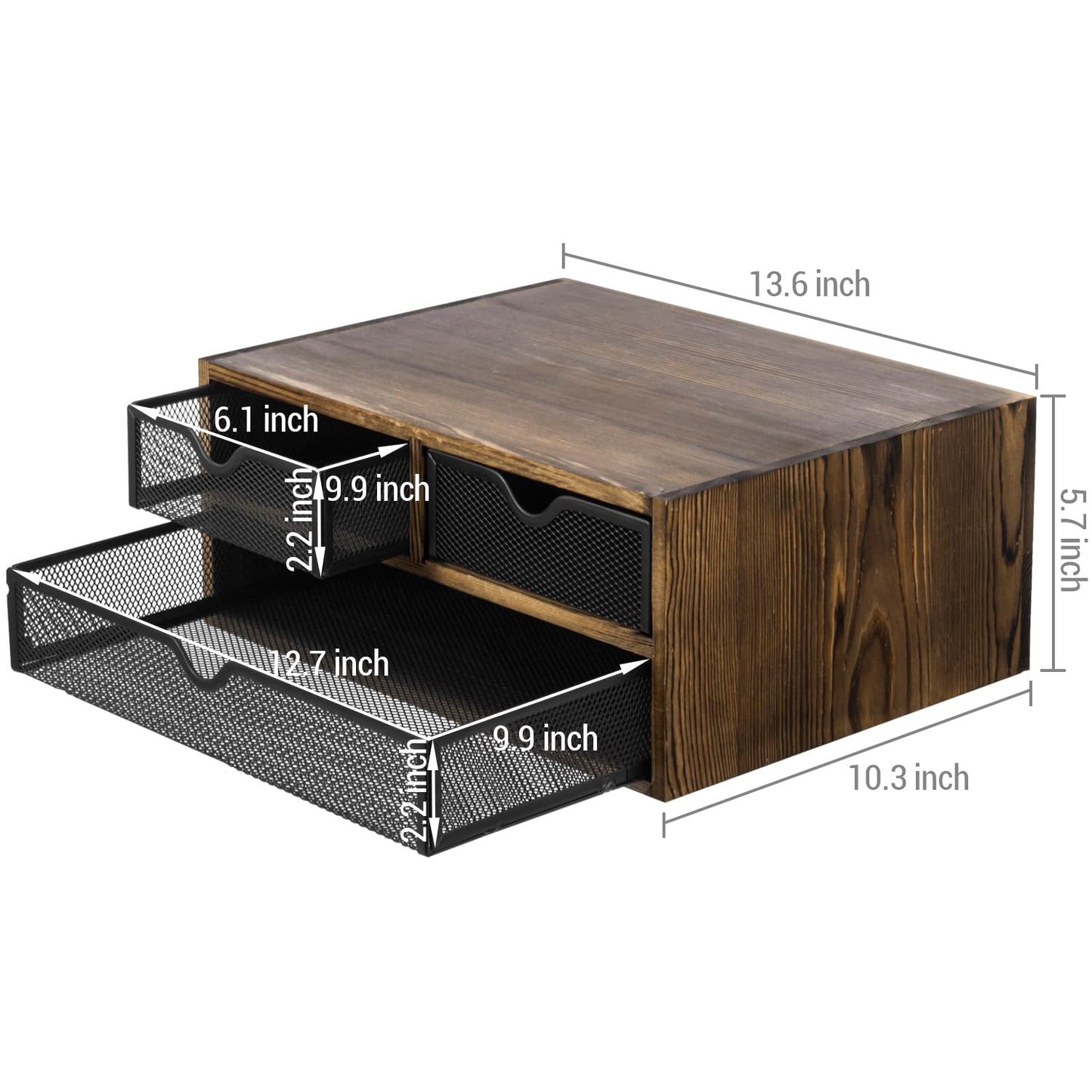 MyGift Rustic Burnt Brown Solid Wood Desktop Organizer Box with 3 Removable Black Metal Mesh Trays, Office Desk Supplies Storage Drawers for Accessories