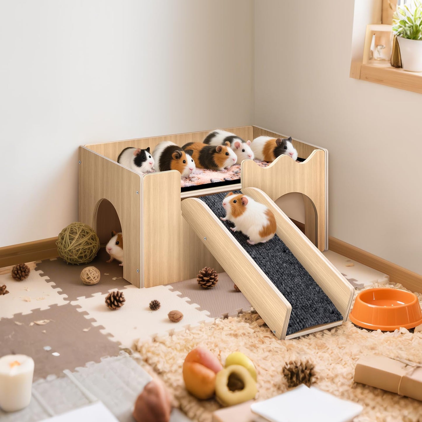 Large Guinea Pig Castle, Sturdy Wooden Small Animal Bed Platform, Upgraded Wooden Guinea Pig Castle with Anti-Slip Stairs, Easy to Assemble, Perfect for Hamsters and Rabbits to Play and Hide