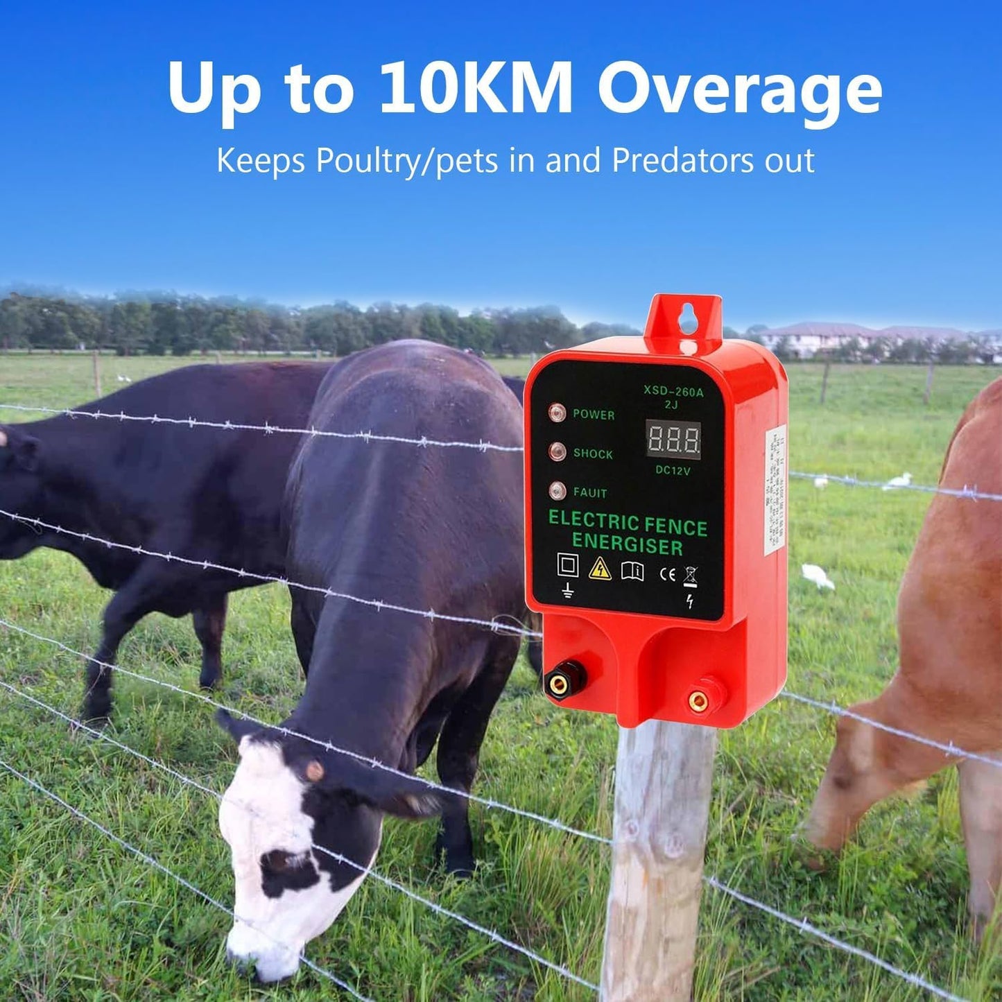 10KM Electric Fence Charger, Electric Fence Energizer for Livestock Cattle Horse, 6.2 Mile Waterproof Plug-in Electric Fence Kit with Alarm Function