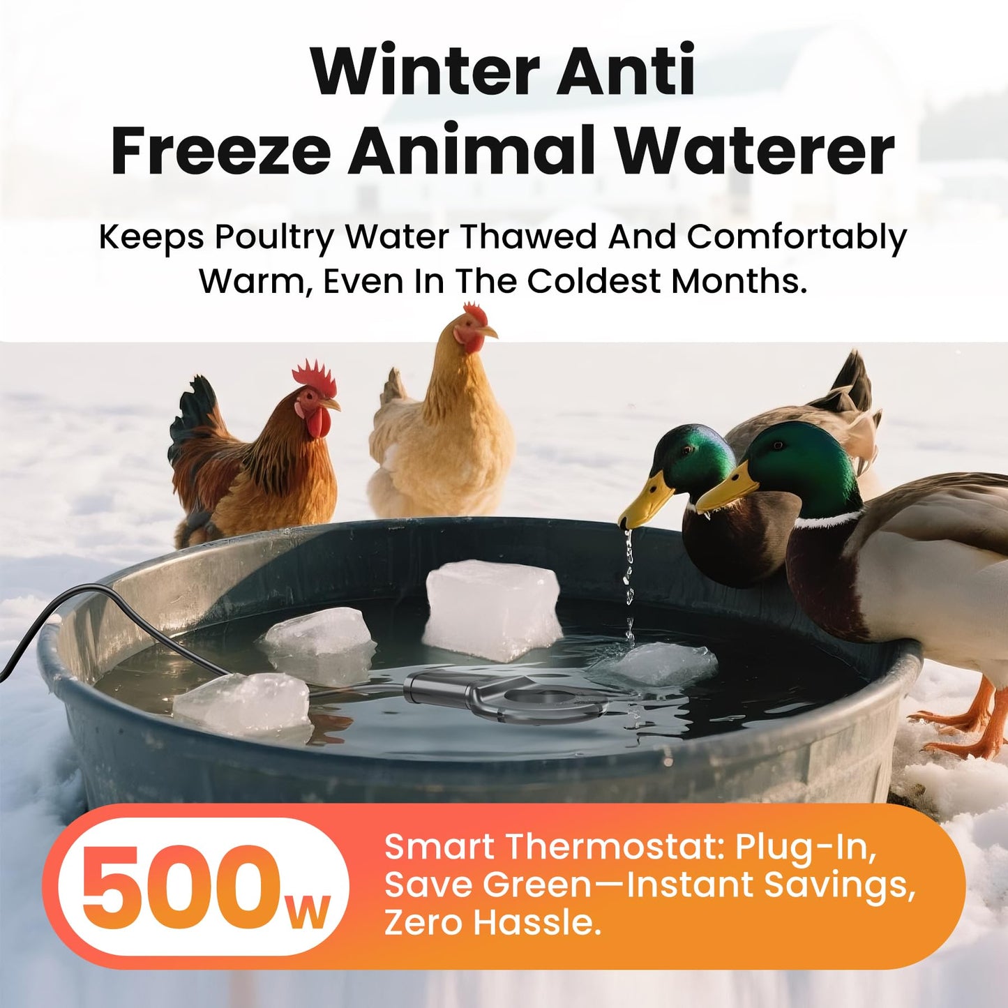 JXJHOVV 500W Submersible Cast Aluminum De-Icer – Thermostatic Chicken Water Heater for Livestock Tanks & Winter Bird Baths, Energy-Efficient Anti-Freeze Utility Heater, Black
