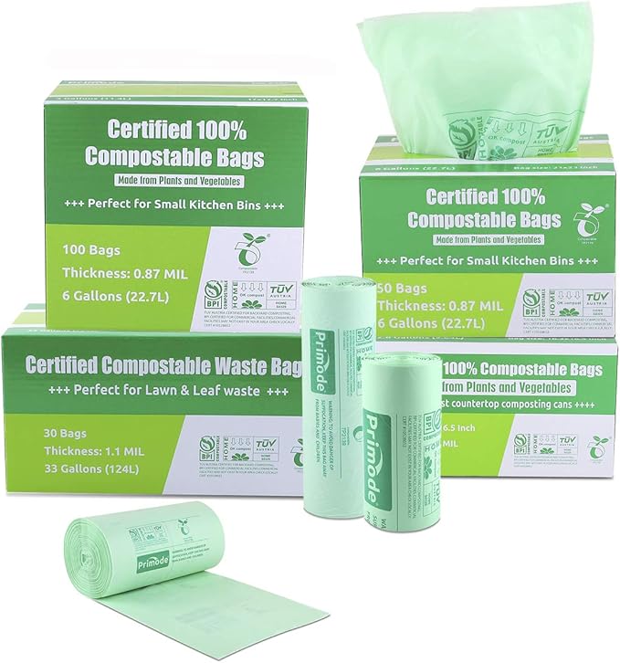 Primode Compostable Bags 6 Gallon Food Scraps Yard Waste Bags, 50 Count, Extra Thick 0.87 Mil. ASTMD6400 Compost Bags Small Kitchen Trash Bags, Certified By BPI And TÜV AUSTRIA