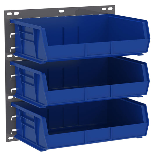 Akro-Mils 18"x19" Steel Wall Mount Louvered Panel with 6-Pack of 11 x16 x5 AkroBins Stackable Plastic Storage Bins (Black), Organization Bundle for Garage, Workshop, Classroom