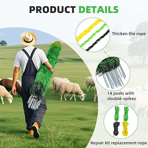 Electric Poultry Netting Fence, Portable Electric Fence for Poultry and Livestock Chicken Sheep Lambs Hogs Deer Dogs in Backyards Farms Ranches Homesteads and Gardens (49.6"x 164')