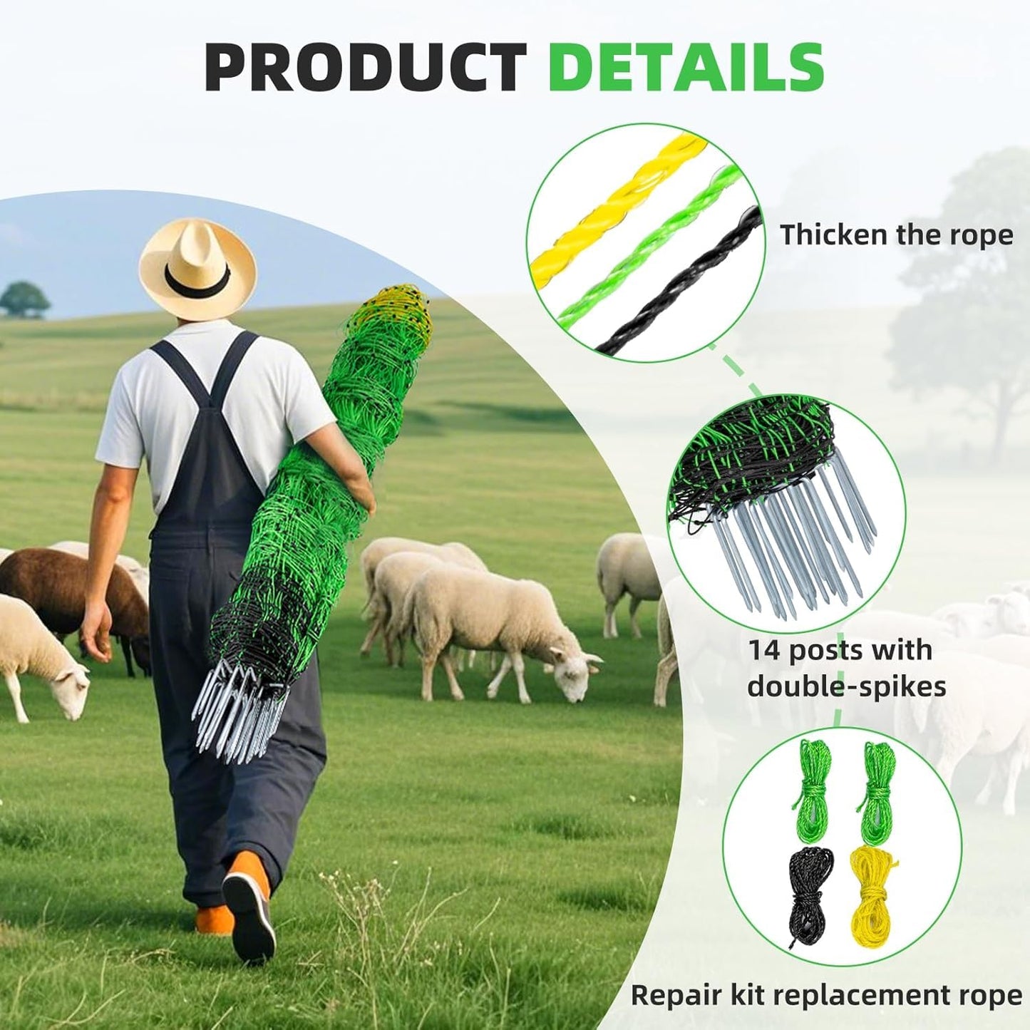 Electric Poultry Netting Fence, Portable Electric Fence for Poultry and Livestock Chicken Sheep Lambs Hogs Deer Dogs in Backyards Farms Ranches Homesteads and Gardens (49.6"x 164')