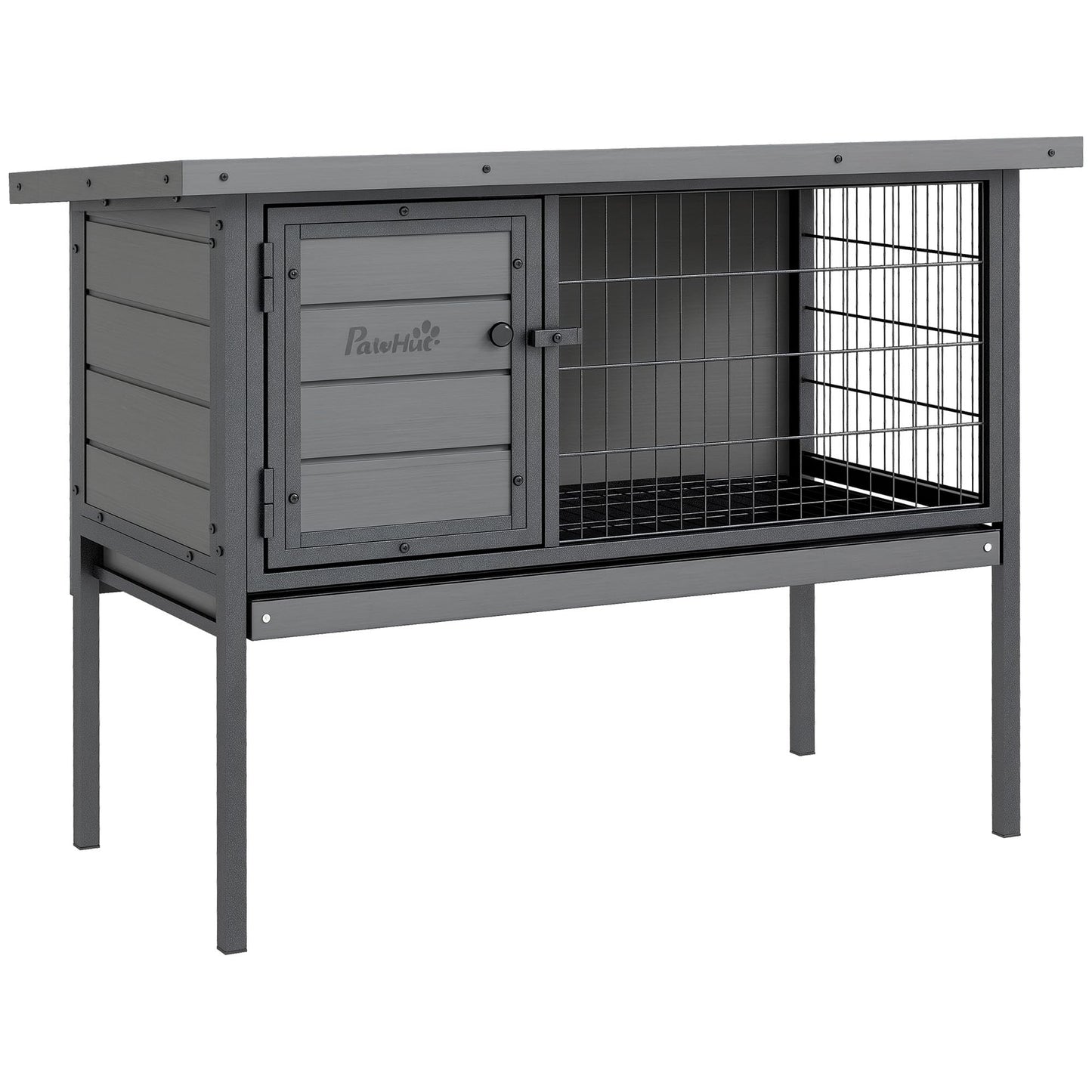 PawHut Rabbit Hutch Elevated Bunny Cage Small Animal Habitat with Metal Frame, No Leak Tray, Metal Wire Pan and Openable Water-Resistant Asphalt Roof for Indoor/Outdoor Gray