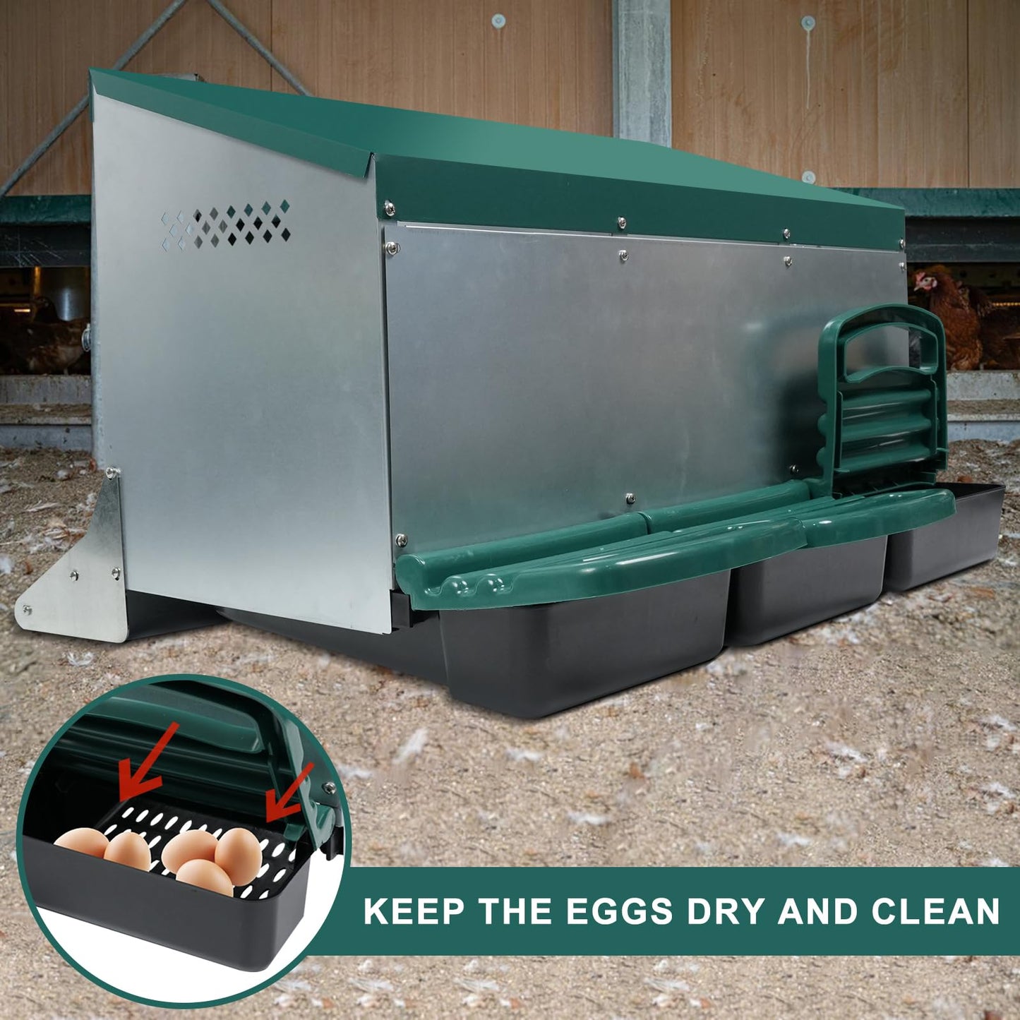 Chicken Nesting Box, 3 Holes Nesting Boxes, Heavy Duty Metal Laying Boxes, Roll Away Nesting Box Egg Collection Tray, with Roosting Pole for Chicken Coop(Green)