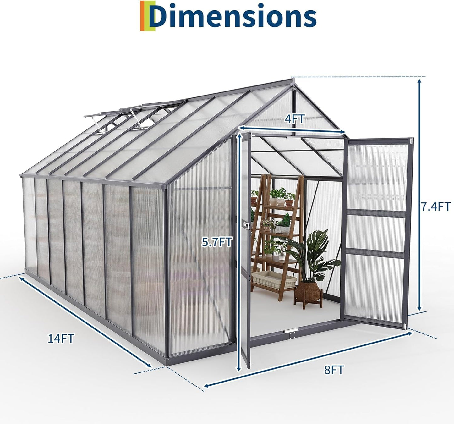 Greenhouse Large Walk-in Green House with Aluminum Frame, Polycarbonate Roof Vent & Wind Resistant, Backyard Garden Greenhouse Kit for All Weather