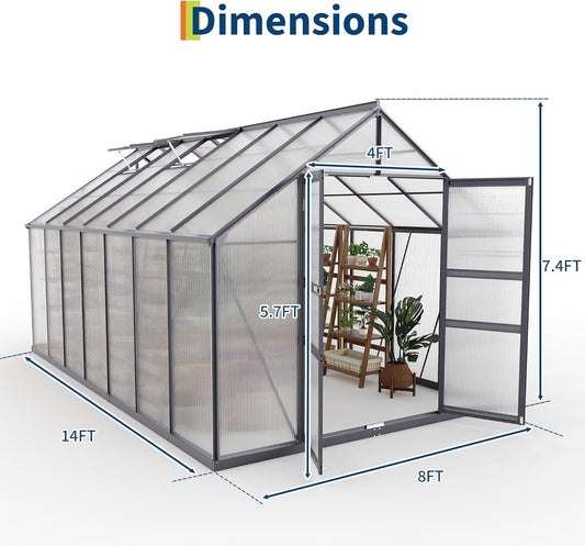 Greenhouse Large Walk-in Green House with Aluminum Frame, Polycarbonate Roof Vent & Wind Resistant, Backyard Garden Greenhouse Kit for All Weather